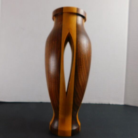 Hand Turned Wooden Vase Tea-Light Candle Holder Stripe Walnut Birch? Wood Decor - Picture 8 of 15